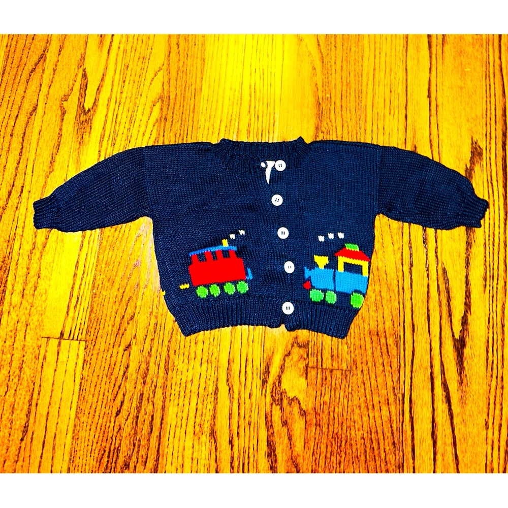 Kids 12 Months Cardigan Sweater Blue Navy Train Button Up Top Shirt